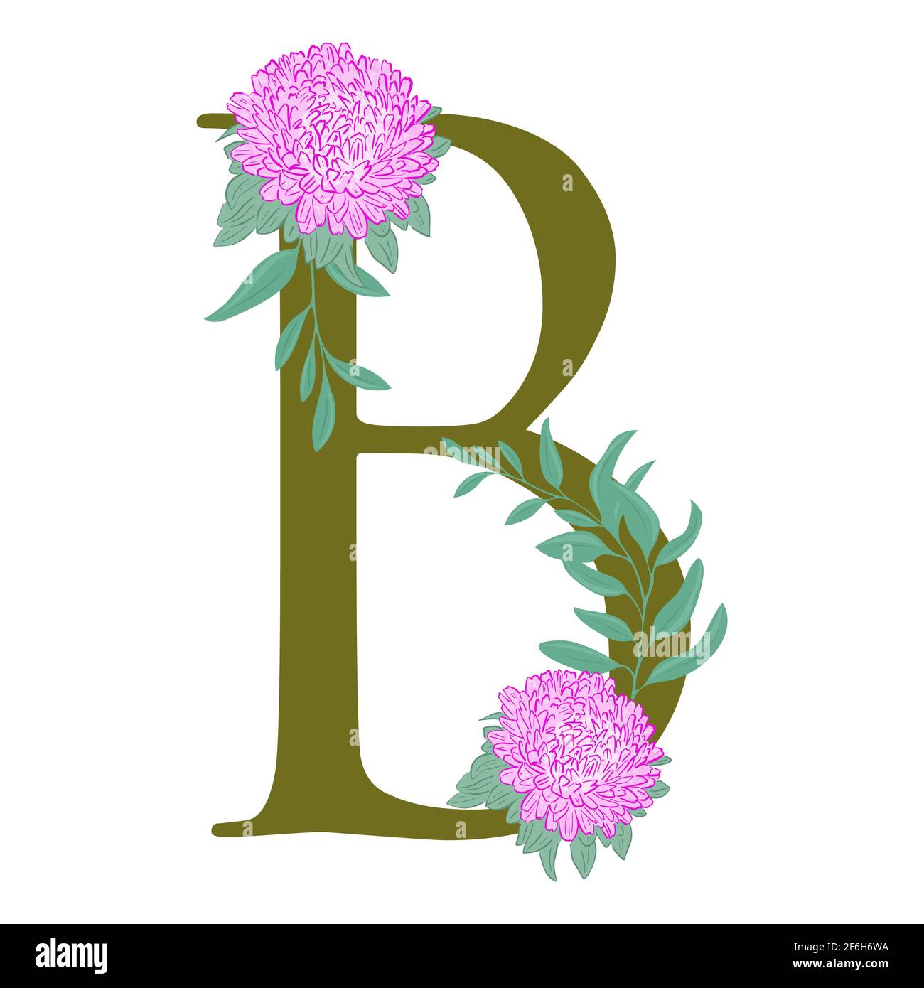 Capital letter b decorated with flowers and leaves. Letter of the English alphabet with floral decoration. Pink peonies and green foliage, vector. Stock Vector