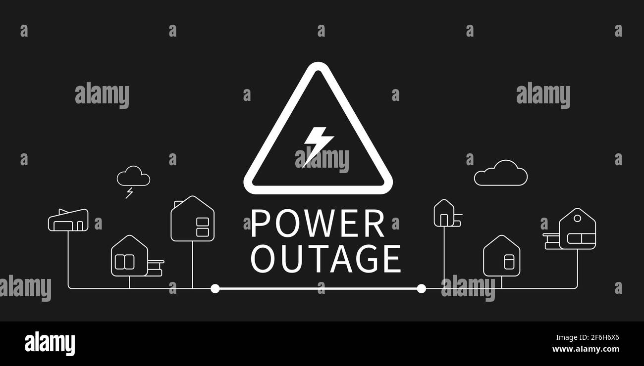 The power outage banner with a warning sign the one is on the solid black background also there are the outline icons of houses connect each other. Stock Vector