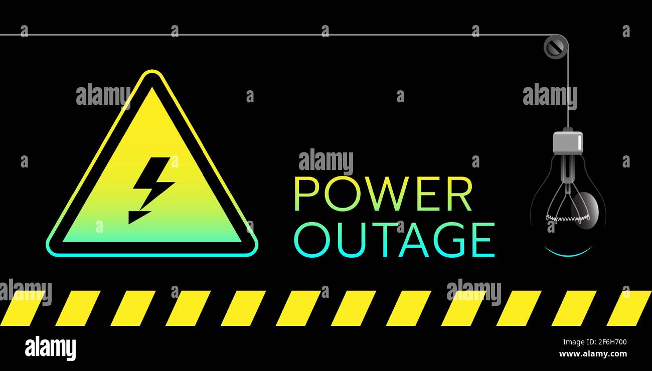 Banner of a power outage with a warning sign and an extinguished light bulb all these stuff on the solid black background. Stock Vector