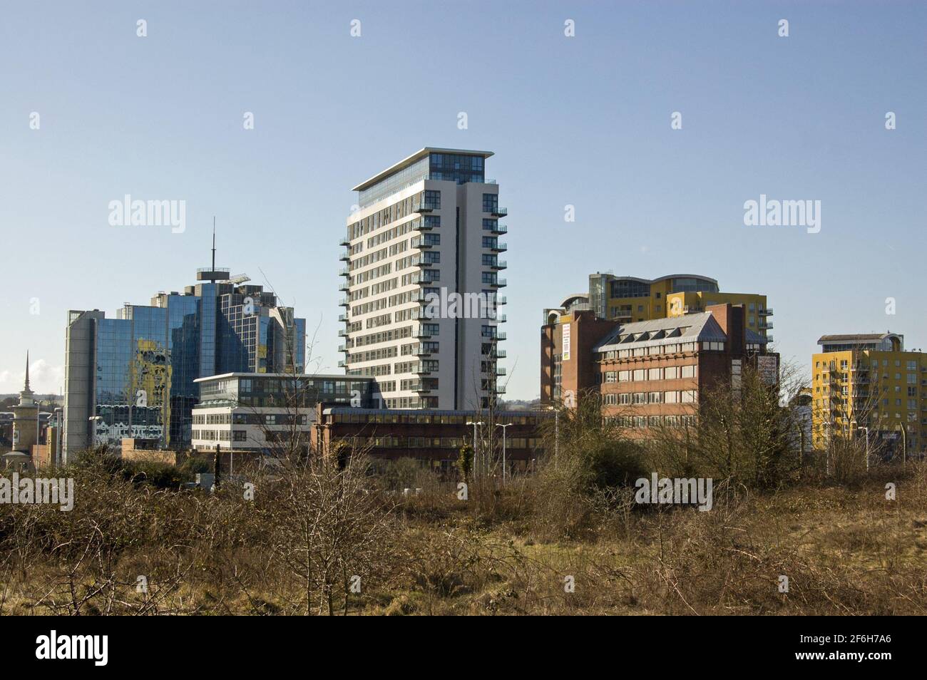 The centre of Basingstoke, Hampshire seen from South View, early morning. Stock Photo