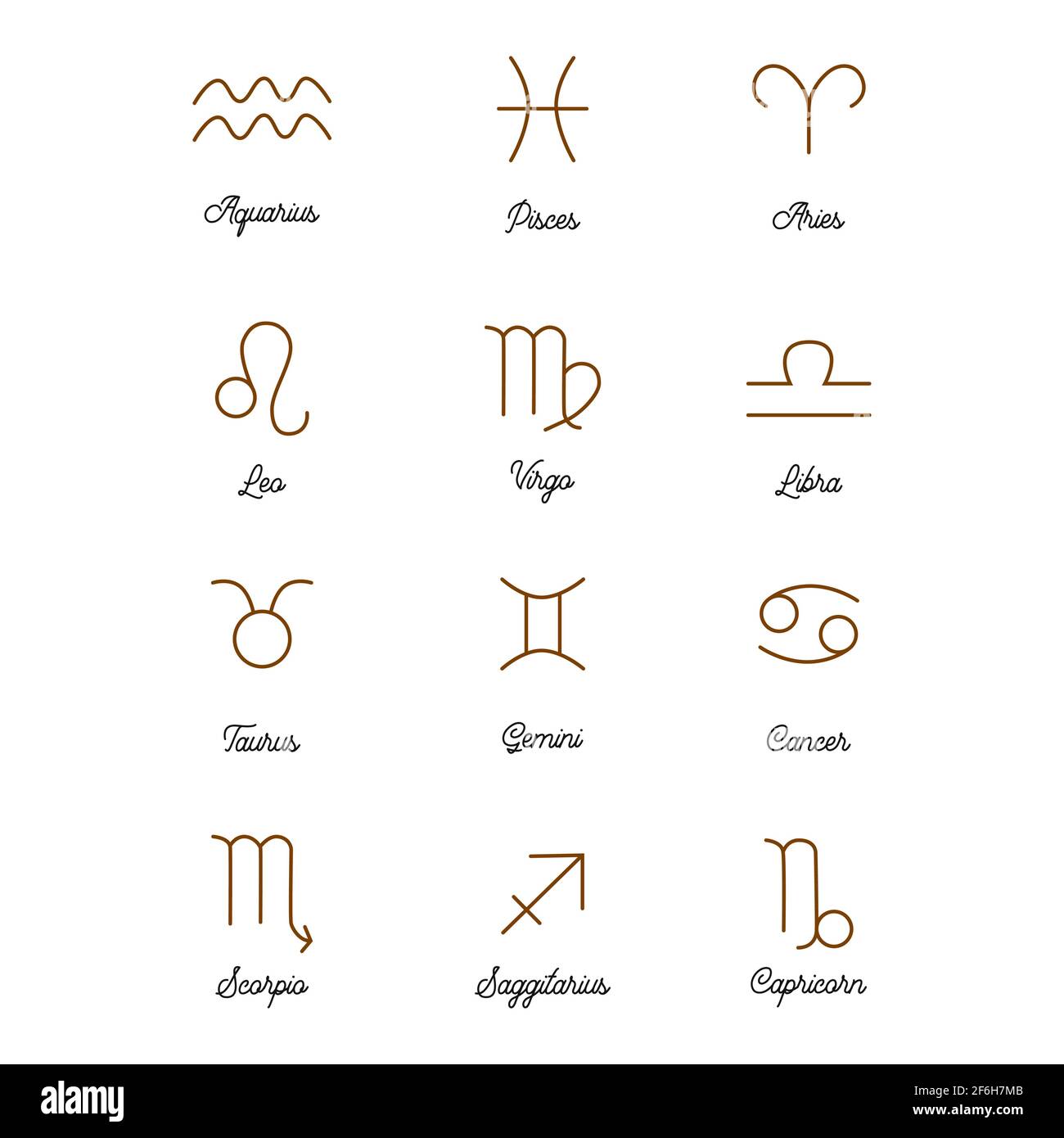Constellations, collection of 12 zodiac signs with titles. Aries, Taurus, Leo, Gemini, Virgo, Scorpio, Libra, Aquarius Sagittarius Pisces Capricorn Ca Stock Vector