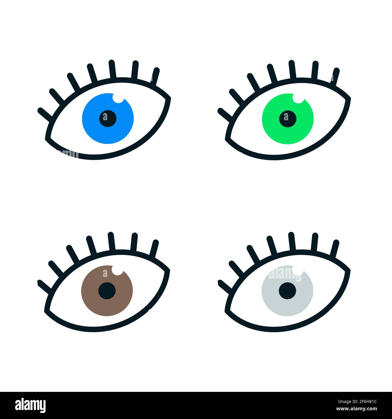 Eye colors set. Realistic eyeballs get. Different colored eyes: brown, blue, green, grey. Stock Vector