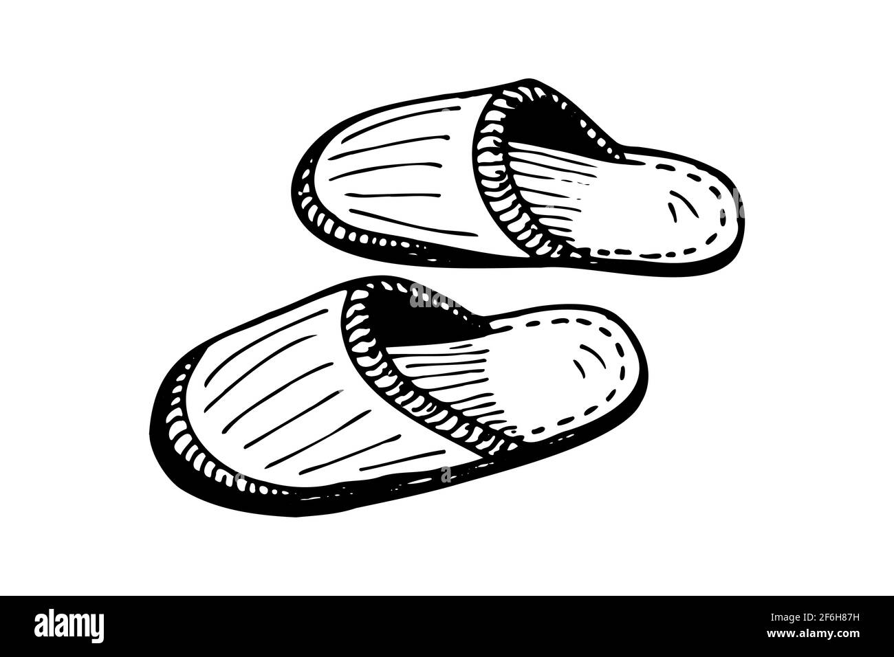 Sleeping slipper couple hand drawn sketch. Home comfortable shoes pair black and white doodle. Slippers vector isolated eps illustration Stock Vector
