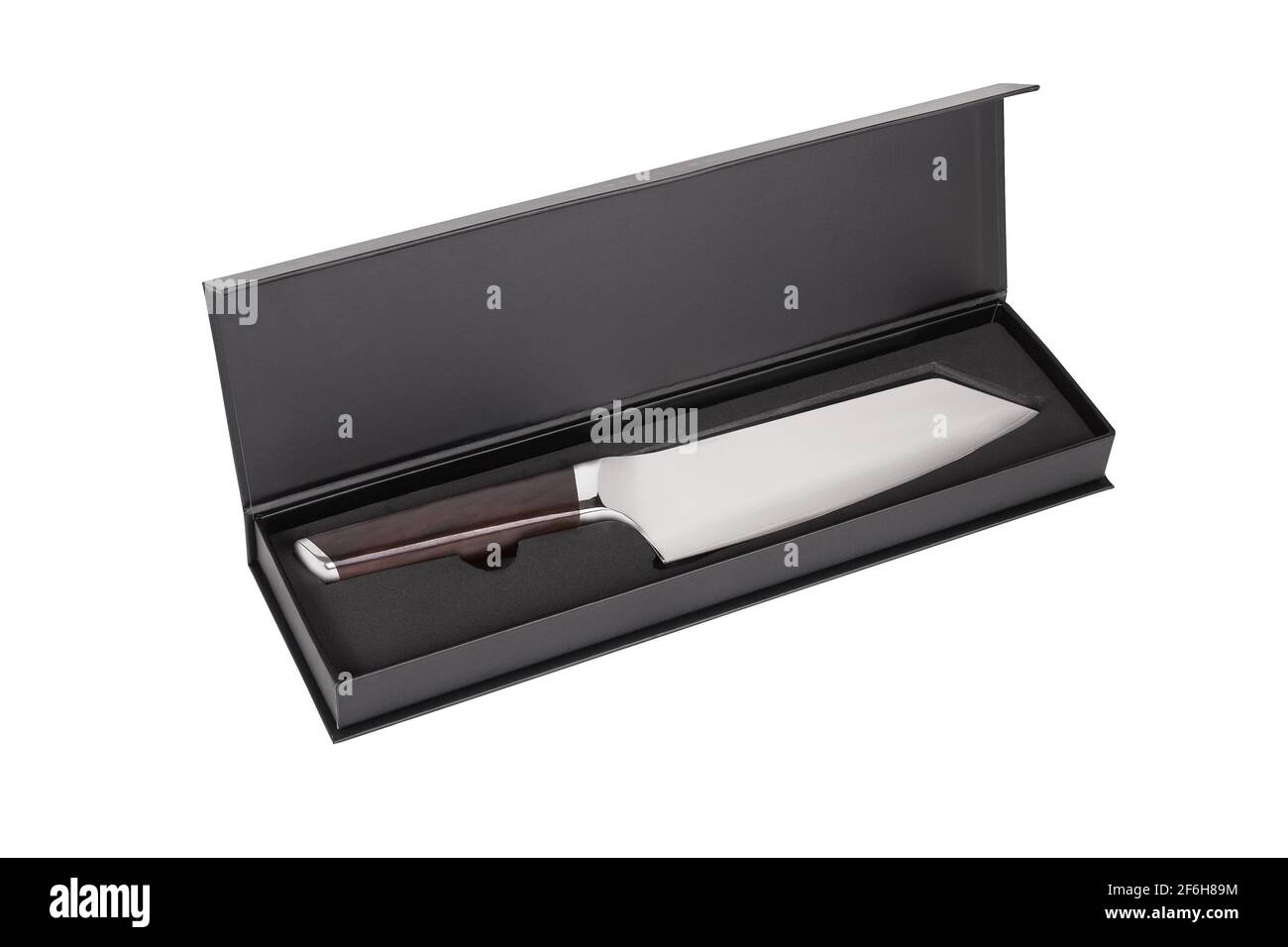 Meat cleaver from stainless steel with wooden handle lie in black box isolated on white