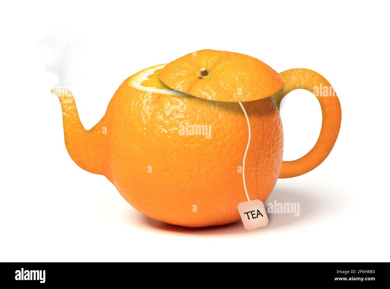 Funny teapot made out of an orange Orange tea, isolated Stock Photo