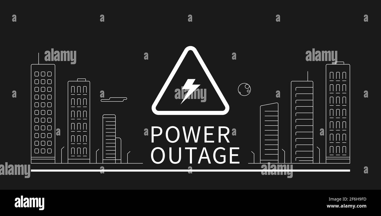 Black power outage banner with a triangular warning sign and the white outline of the city. Editable stroke. EPS 10. Stock Vector