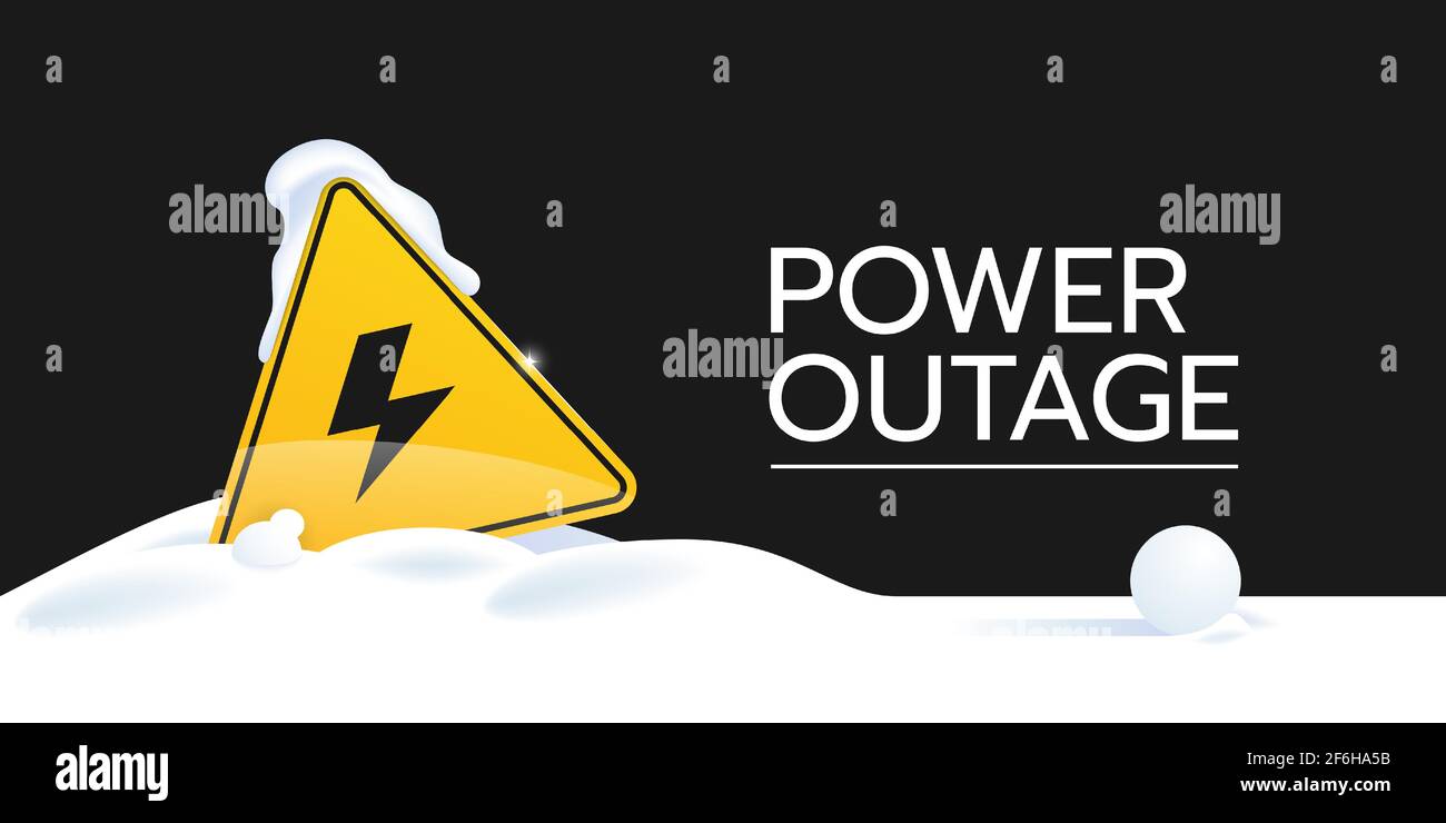 The banner of a power outage with a warning sign that is covered with snow and sticks out in it. The main elements are on a solid black background. Stock Vector