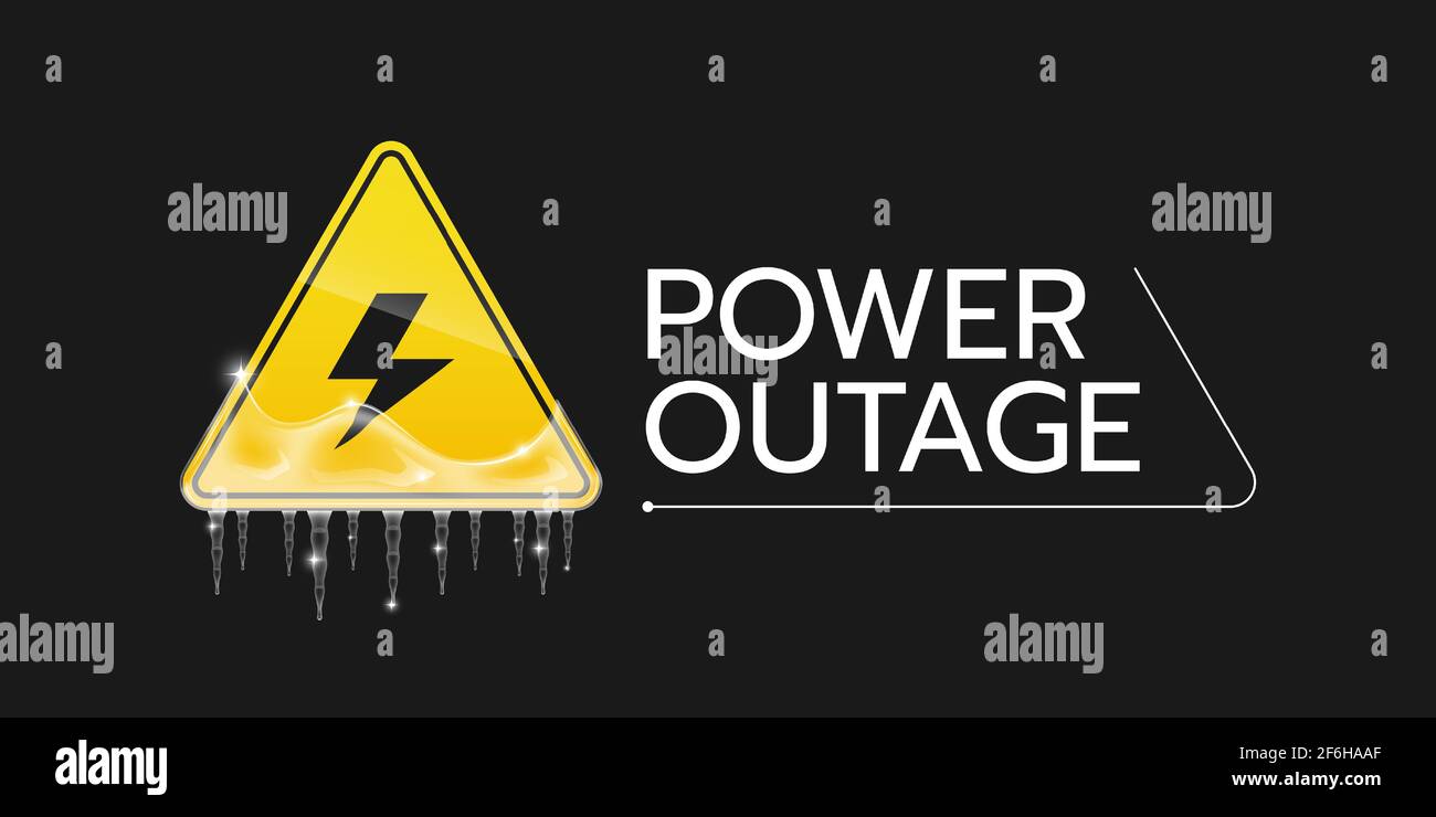 The banner of a power cut with a warning sign that is covered with ice and icicles the one is on the solid black background. Stock Vector