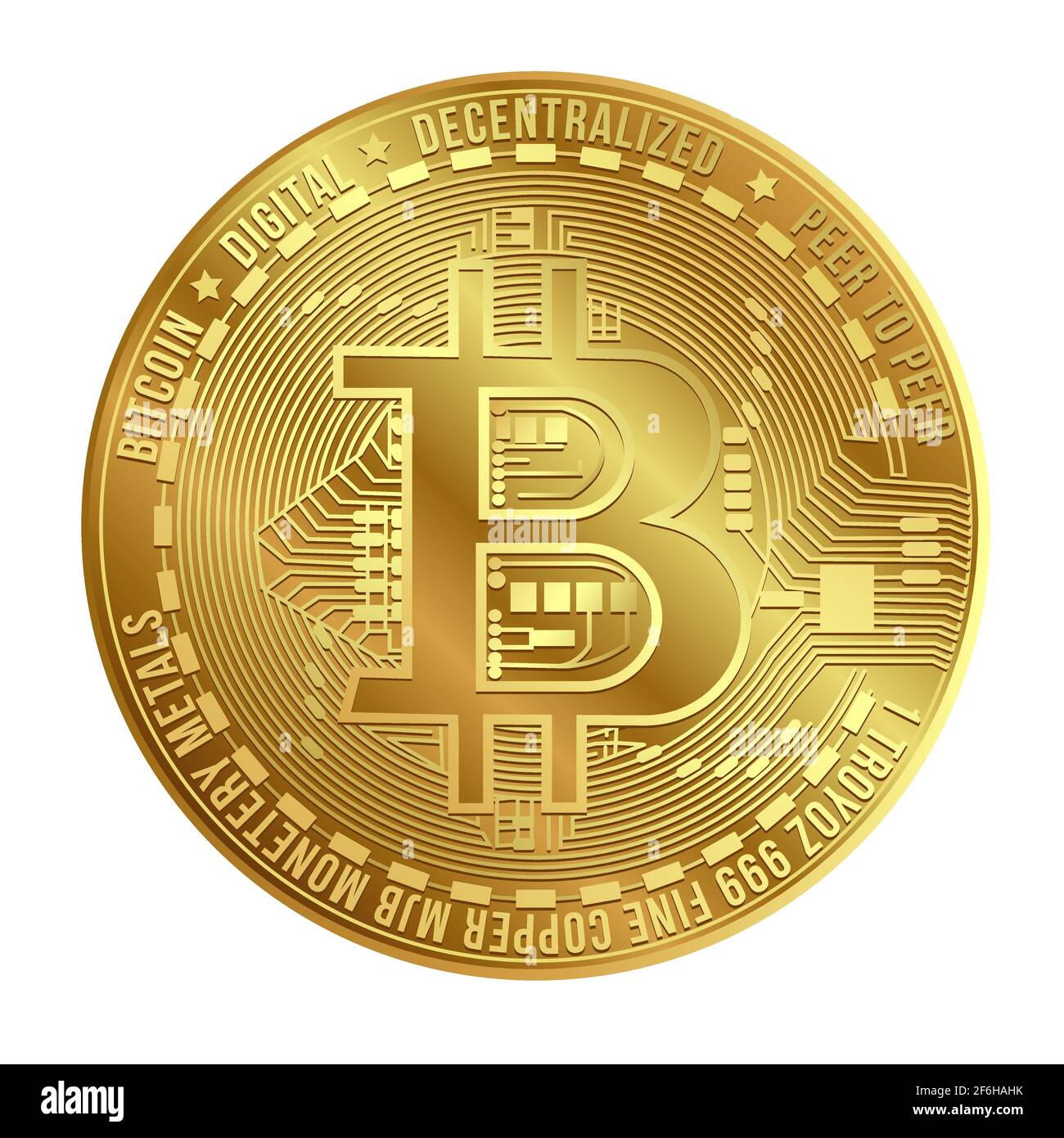 Gold virtual bitcoin coin isolated on white background. Popular cryptocurrency. Bitcoin digital money concept. Stock Vector