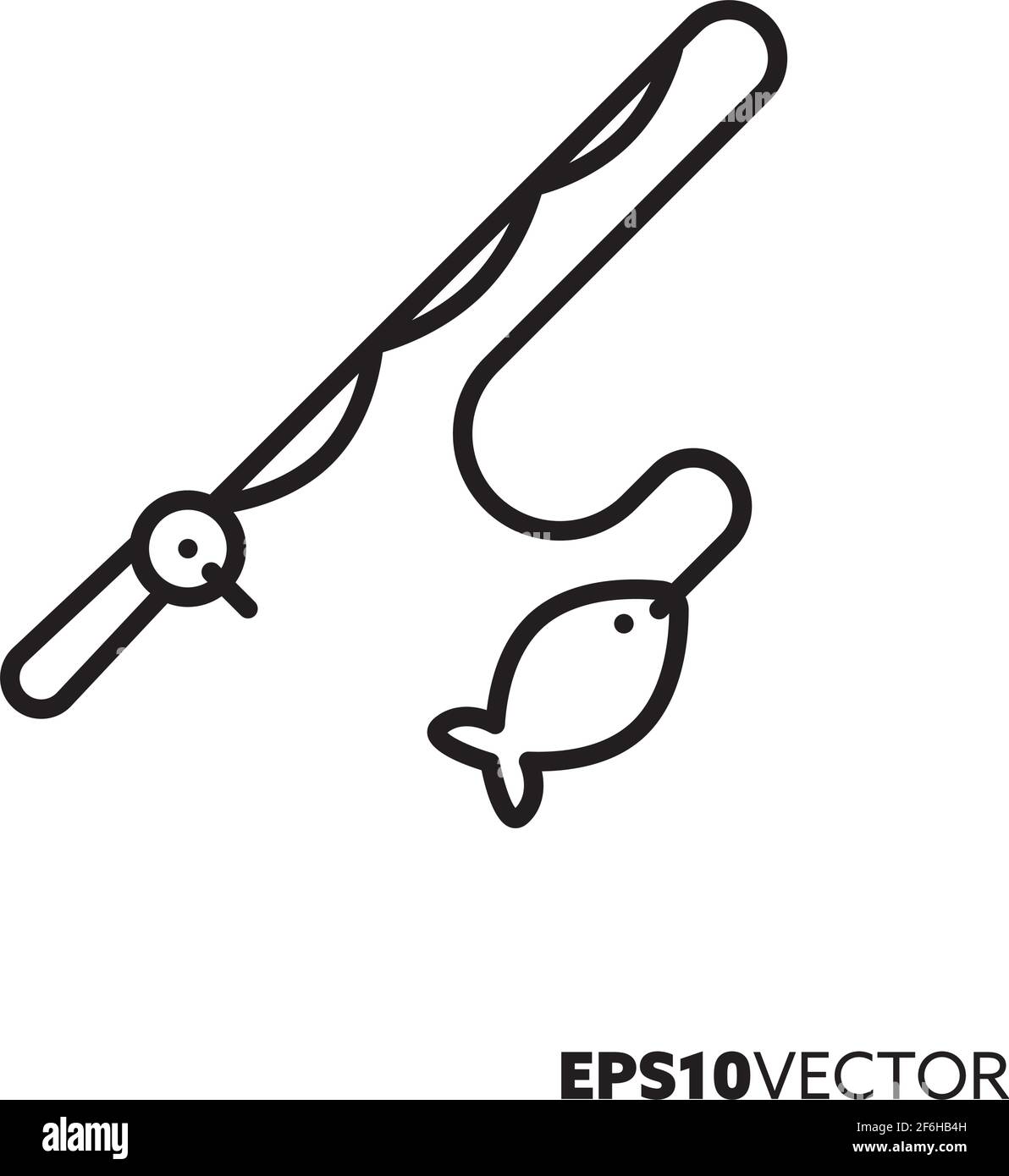 Fishing rod with hooked fish line icon. Angling outline symbol