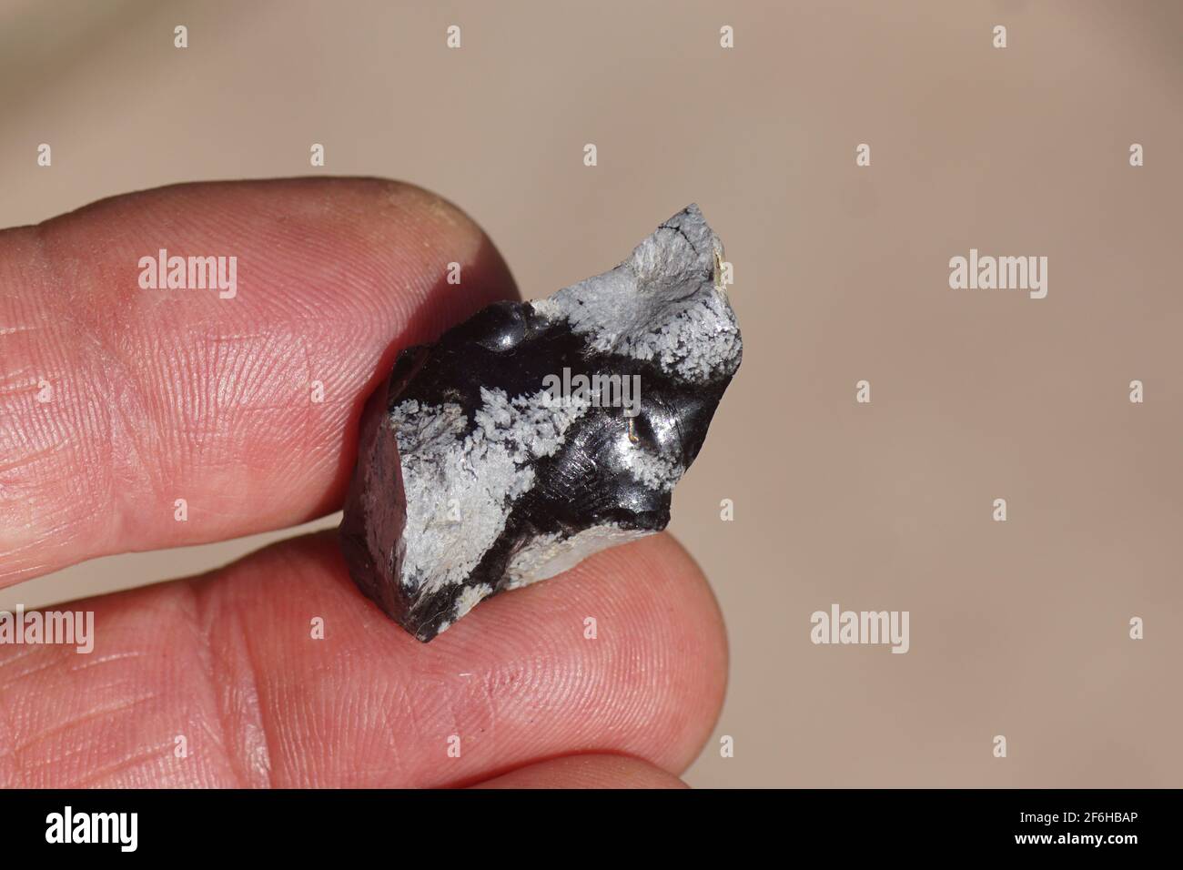 Holding a piece of Obsidian in the hand. Obsidianis a naturally occurring volcanic glass formed as an extrusive igneous rock. March, Netherlands. Stock Photo