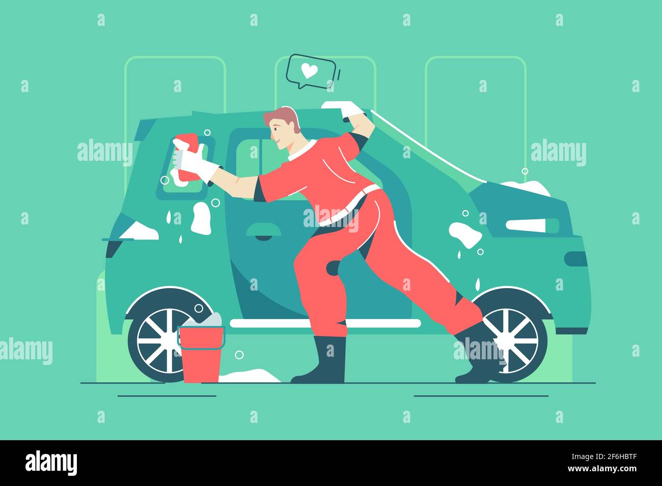 Male worker washes car with mop Stock Vector