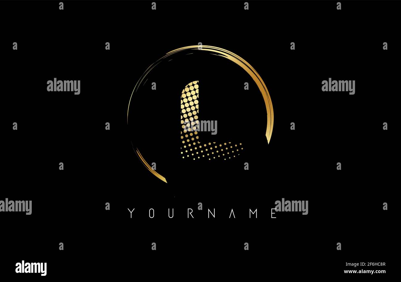 Golden L letter logo design with golden dots and circle frame on black ...