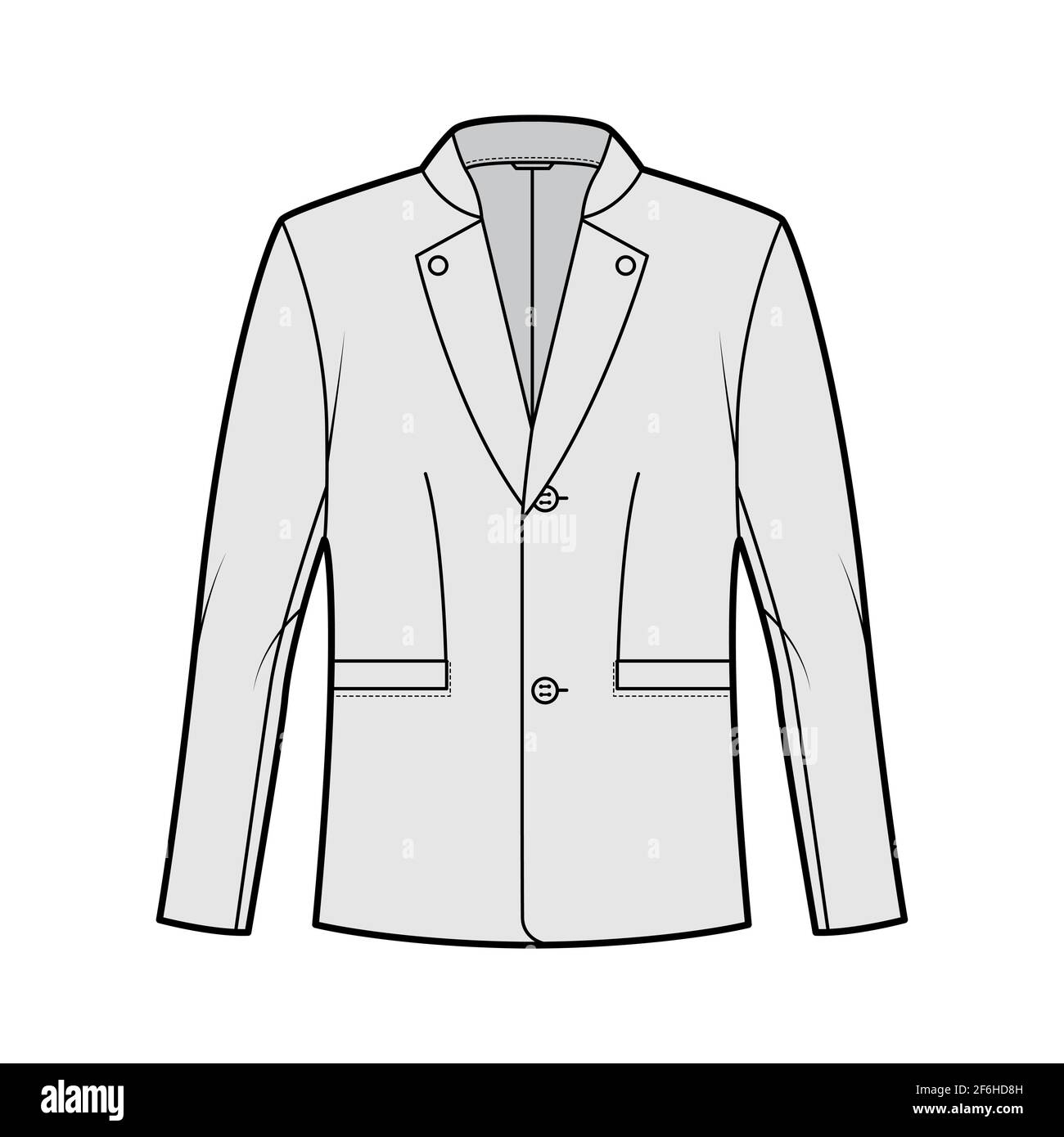 Tyrolean jacket tuxedo technical fashion illustration with long sleeves, stand lapel collar, welt pockets. Flat Austrian coat template front, grey color style. Women, men, unisex top CAD mockup Stock Vector