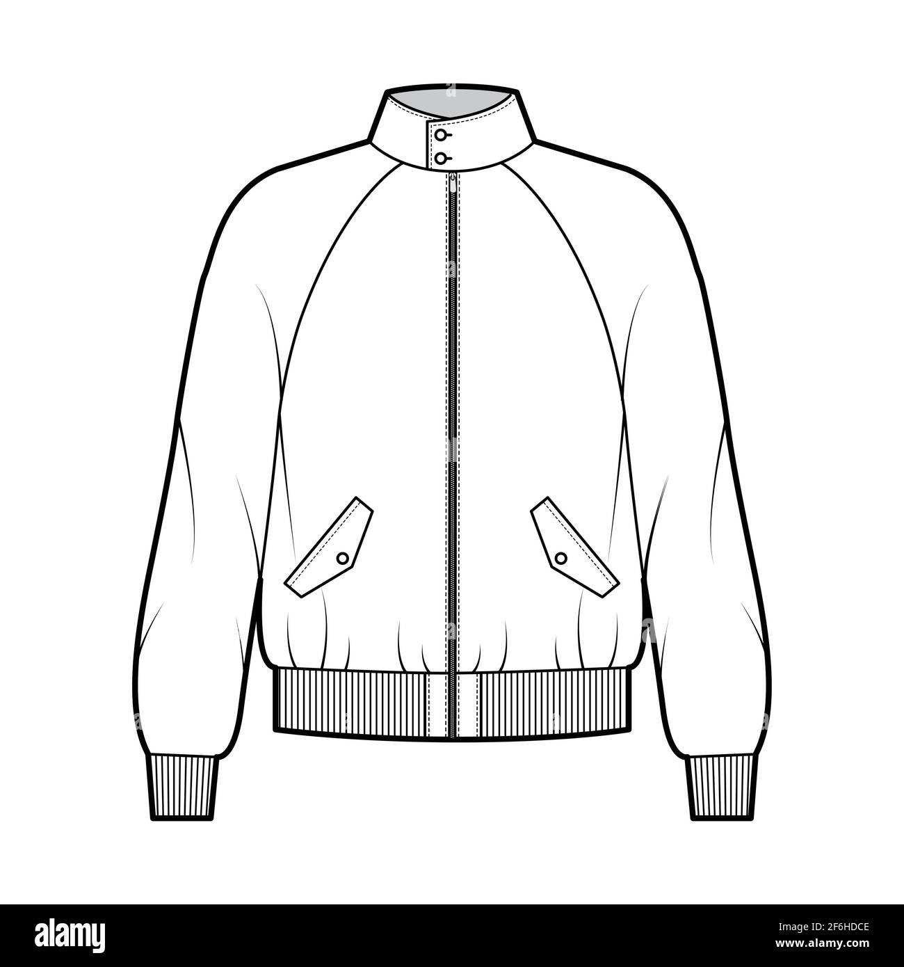 Zip-up Harrington Bomber jacket technical fashion illustration with Rib cuffs, waistband, oversized, long raglan sleeves, flap pockets. Flat coat template front, white color. Women men top CAD mockup Stock Vector