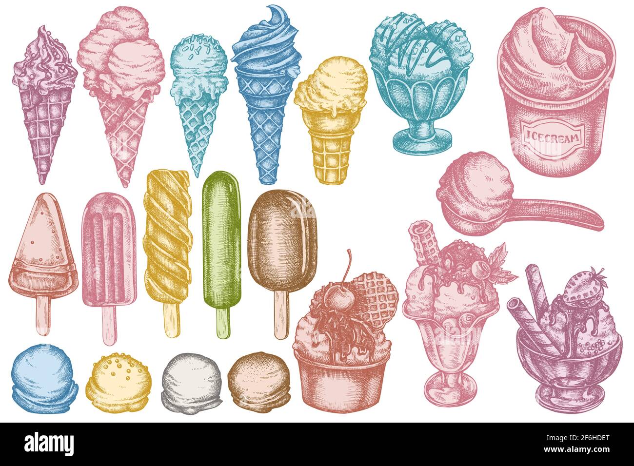 Vector set of hand drawn pastel ice cream bowls, ice cream bucket