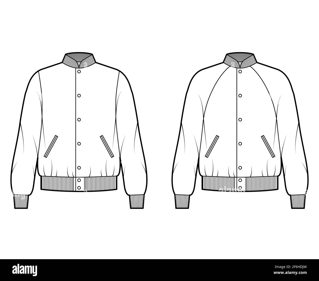 Set of Bomber jackets technical fashion illustration with Rib baseball collar, cuffs, oversized, long raglan sleeves, flap pockets. Flat coat template front, white color. Women, men, unisex top CAD Stock Vector