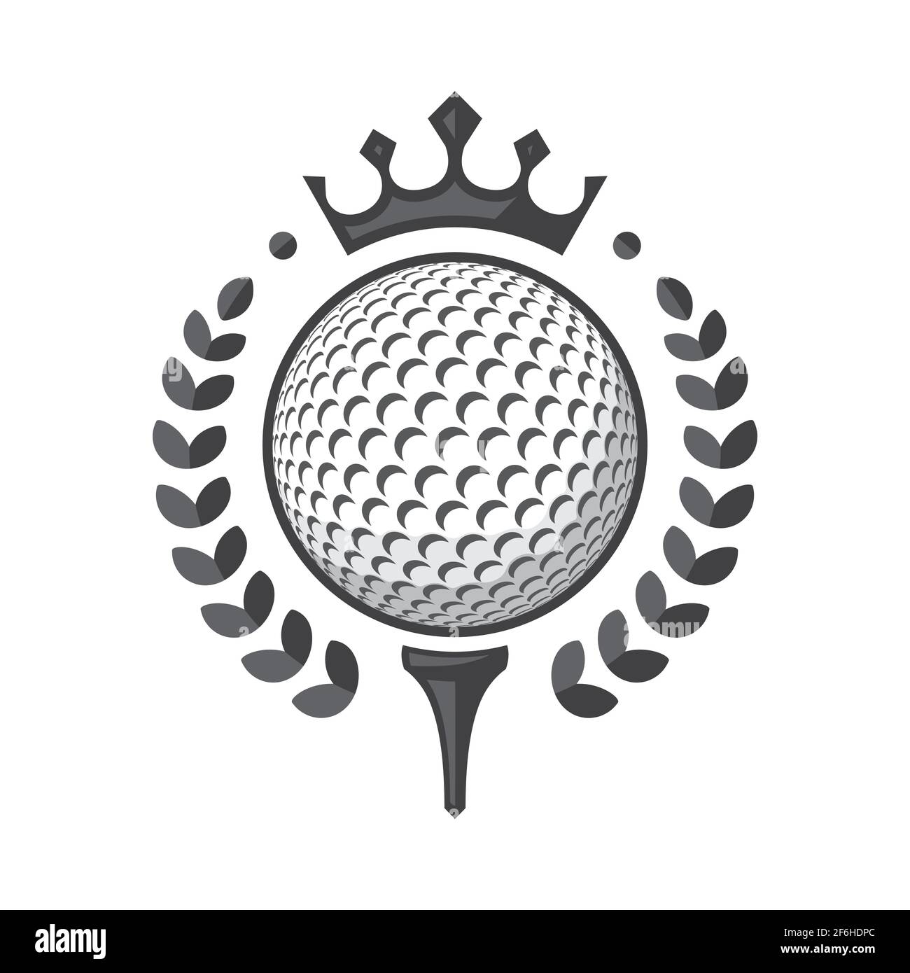 Golf club logo. Golf ball on tee with wreath and crown. Vector illustration, isolated on a white background Stock Vector