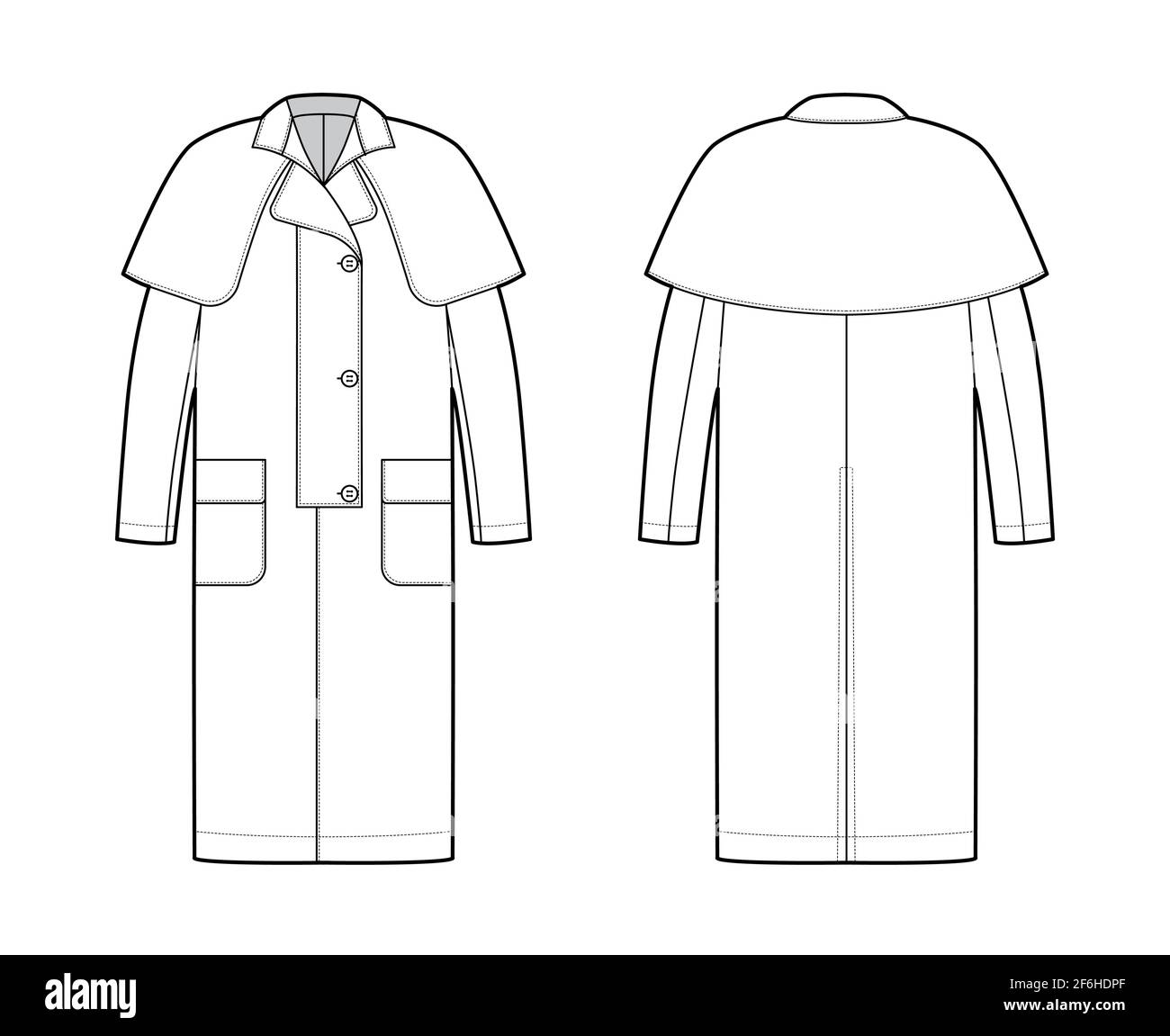 Duster coat technical fashion illustration with long sleeves, napoleon collar, oversized body, midi length, cape. Flat jacket template front, back, white color style. Women, men, unisex top CAD mockup Stock Vector