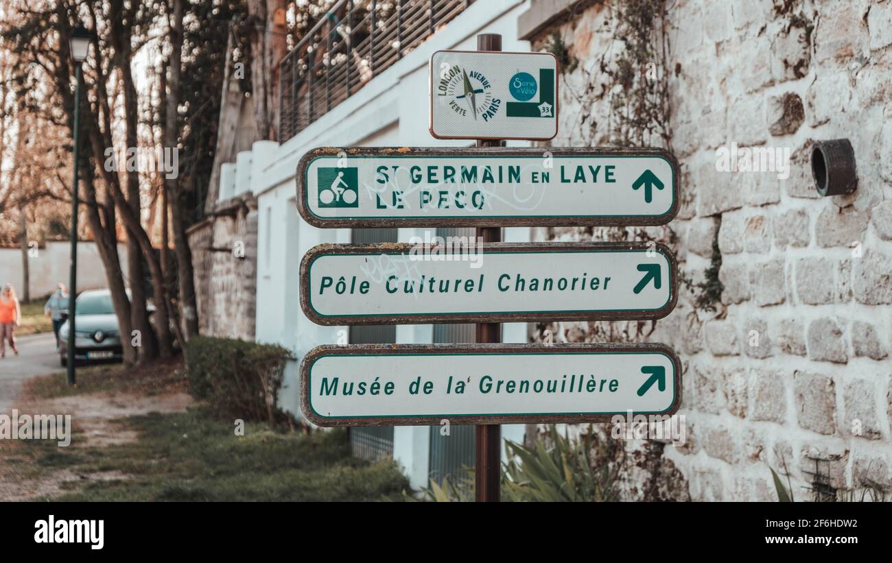 Paris, France 01-04-2021: plaques display the direction to saint germain en laye Stock Photo
