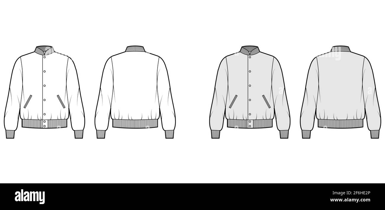 Varsity Bomber jacket technical fashion illustration with Rib baseball collar, cuffs, waistband, jetted pockets, buttons fastening. Flat coat template front, back white, grey color. Women men top CAD Stock Vector