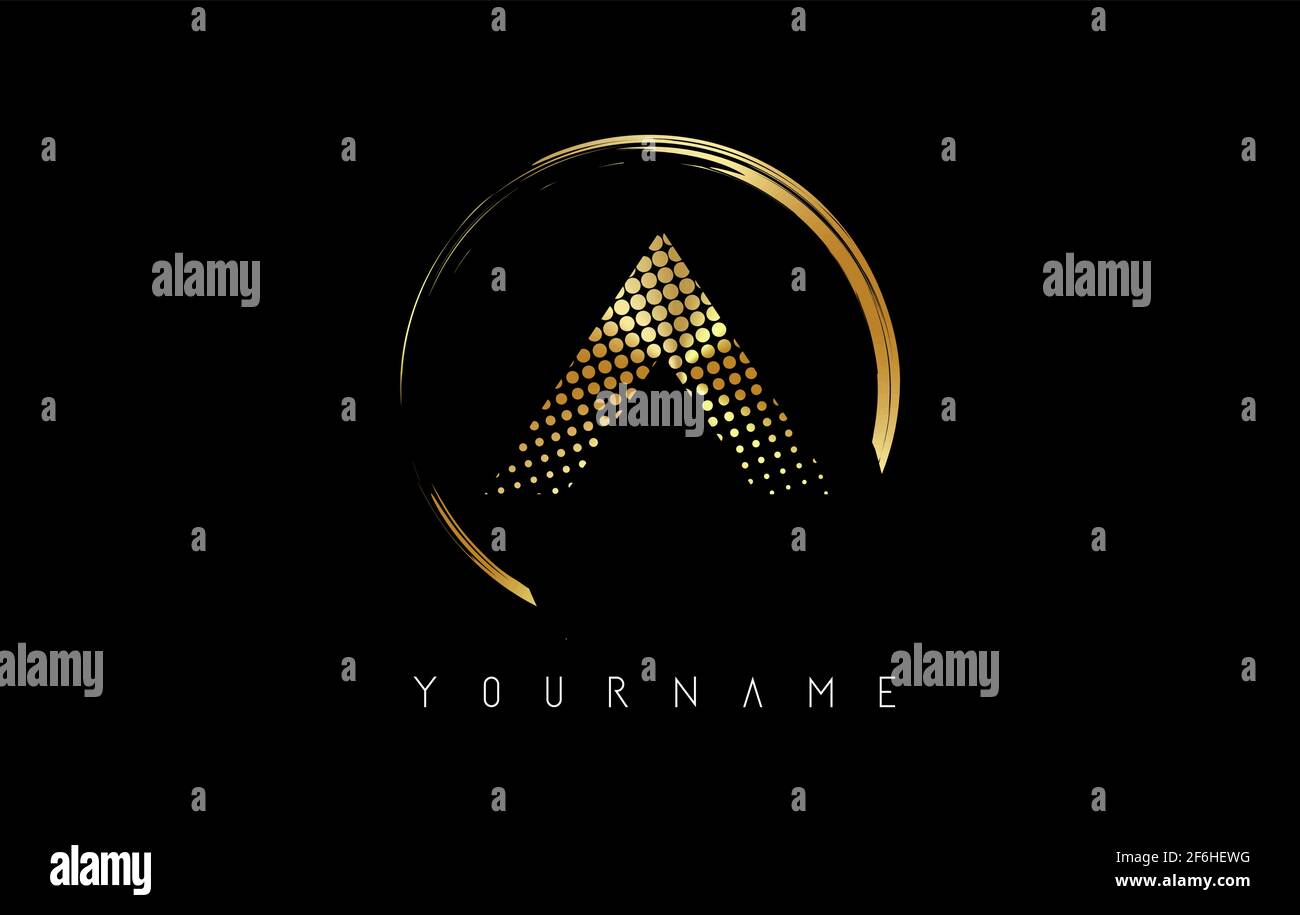 Golden A letter logo design with golden dots and circle frame on black ...