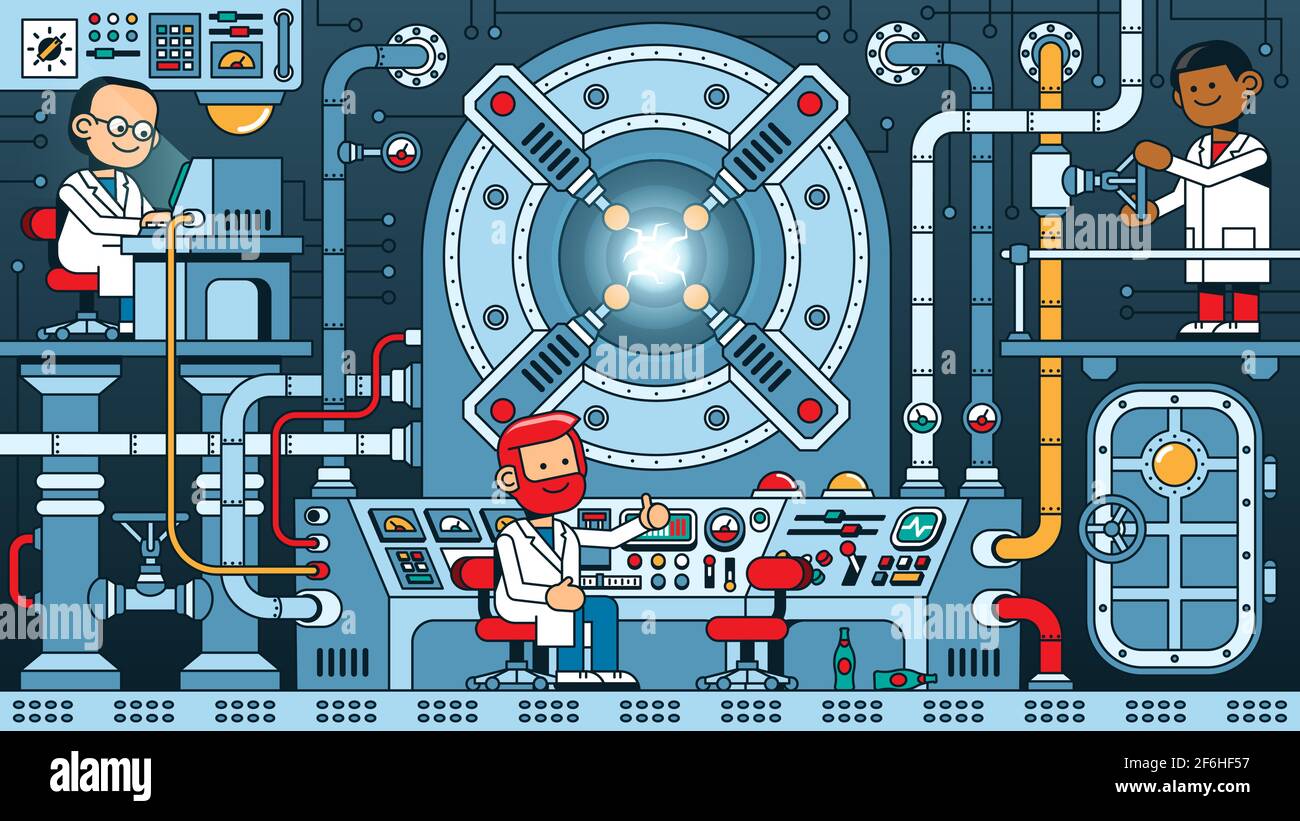 Team of scientists starts reactor in the control room of physics laboratory. Stock Vector