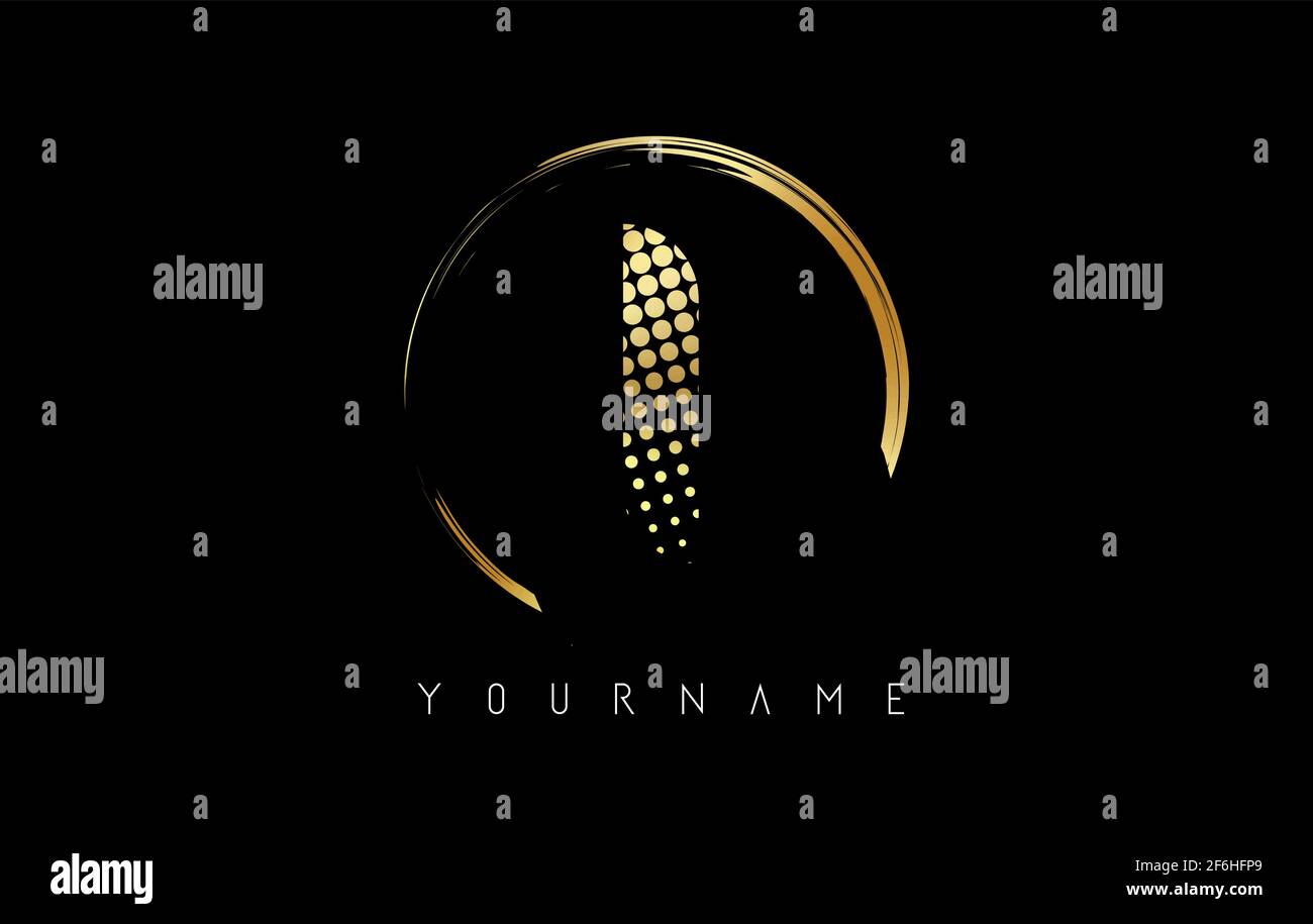 Golden I letter logo design with golden dots and circle frame on black ...