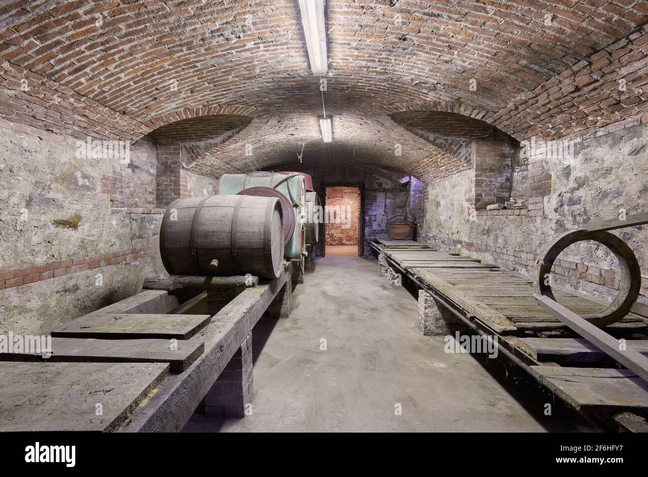 Old cellar with wooden barrels and brick ceiling Stock Photo