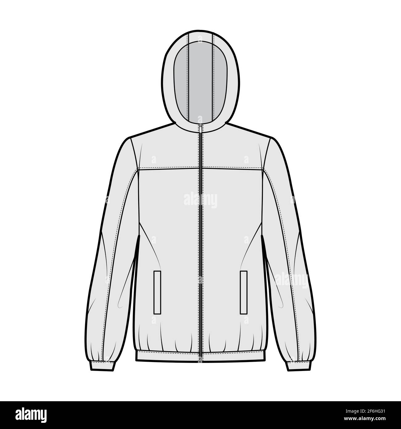 Windbreaker jacket technical fashion illustration with hood, oversized,  long sleeves, welt pockets, zip-up opening. Flat coat template front, grey  color style. Women, men, unisex top CAD mockup Stock Vector Image & Art -