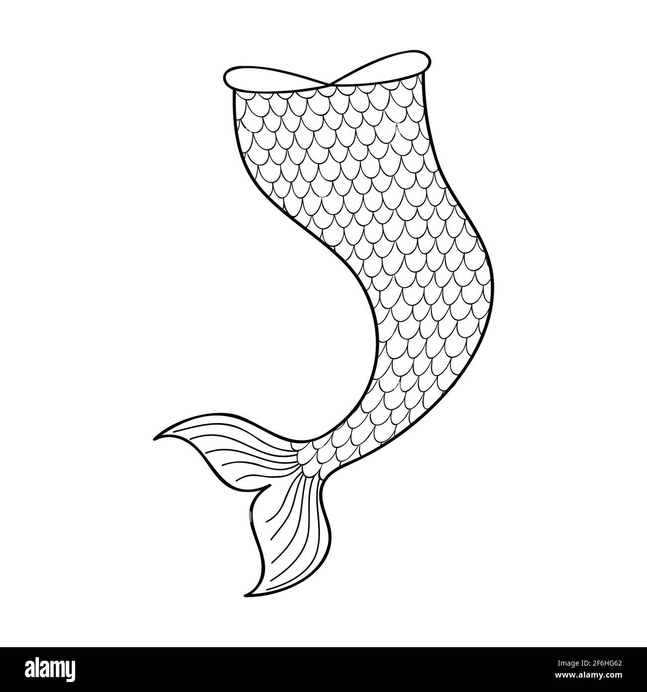 Hand drawn mermaid tail isolated on white background. Doodle element for sea party, greeting or invitation card. Design for clothing print. Outline vector illustration. Stock Vector