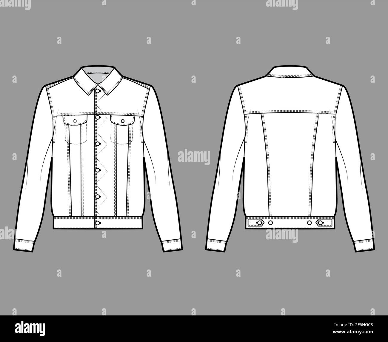 Stormrider denim jacket technical fashion illustration with oversized