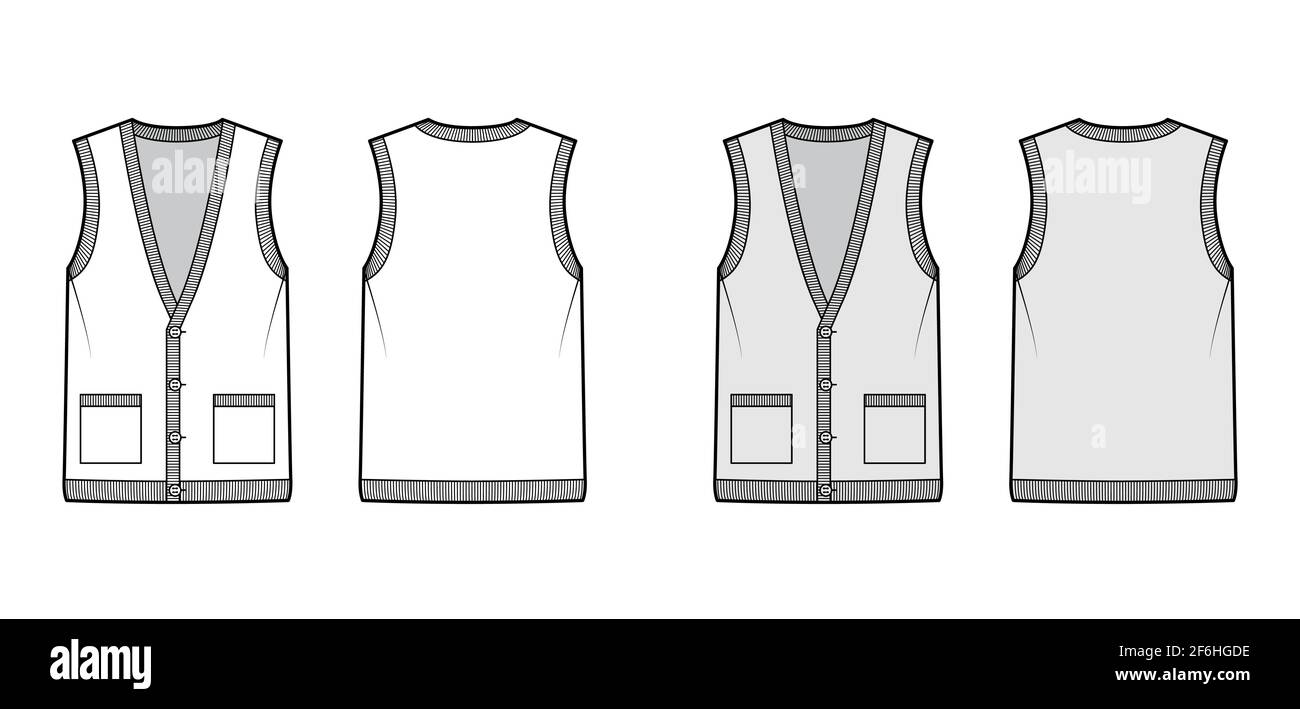 Cardigan vest sweater waistcoat technical fashion illustration with sleeveless, rib knit V-neckline, button closure. Flat template front, back, white, grey color style. Women, men, unisex CAD mockup Stock Vector