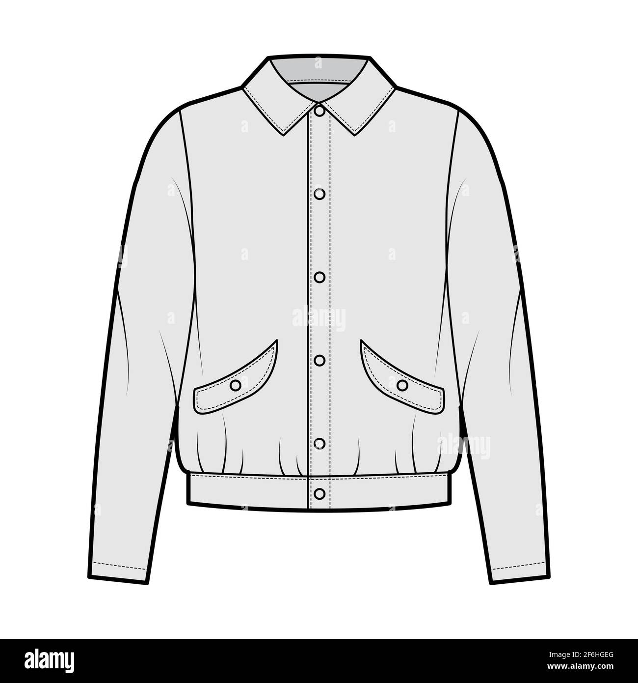 Blouson jacket technical fashion illustration with classic collar, oversized, long sleeves, flap pockets, snap buttons fastening. Flat coat template front, grey color. Women men unisex top CAD mockup Stock Vector