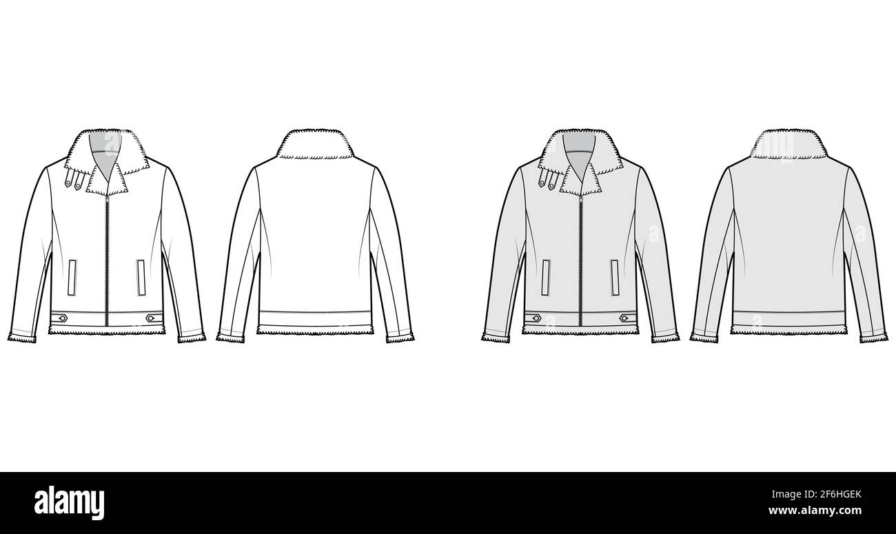 Zip-up Bomber leather jacket technical fashion illustration with fur shearing, oversized, long sleeves, pockets. Flat coat template front, back white, grey color style. Women men unisex top CAD mockup Stock Vector