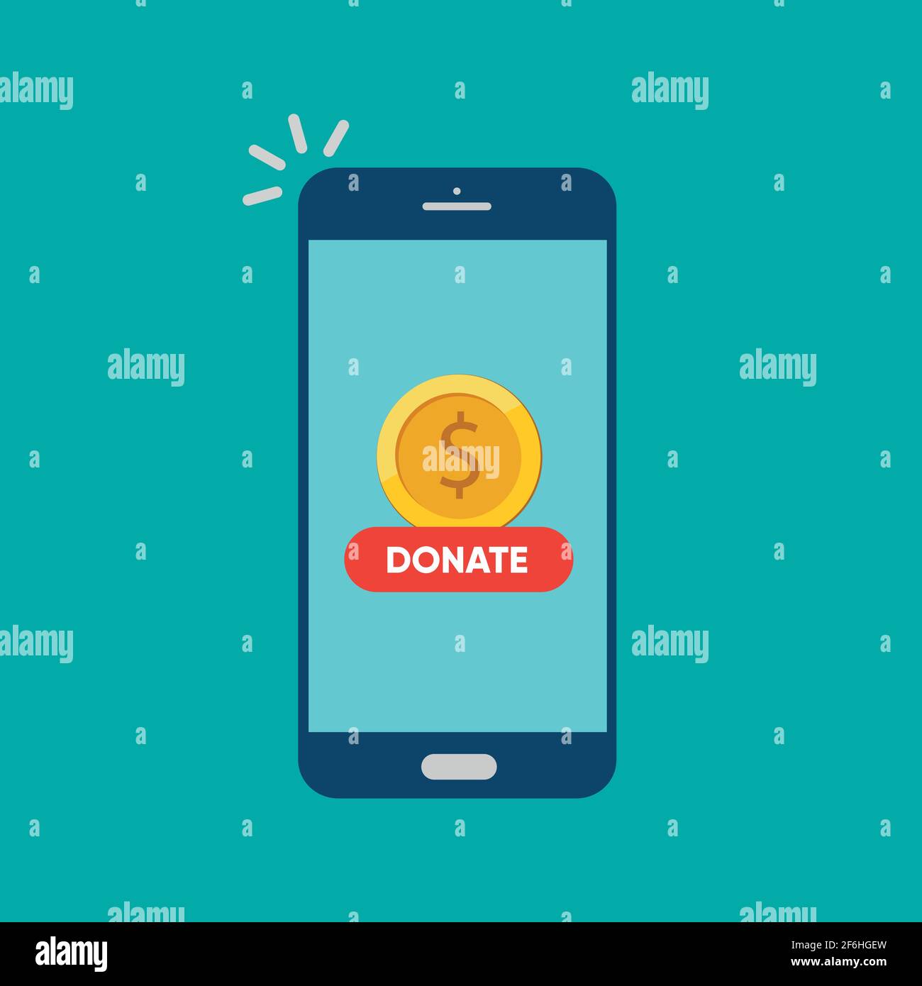 Smartphone with gold coin and button on screen. Donate online concept.  Stock Vector