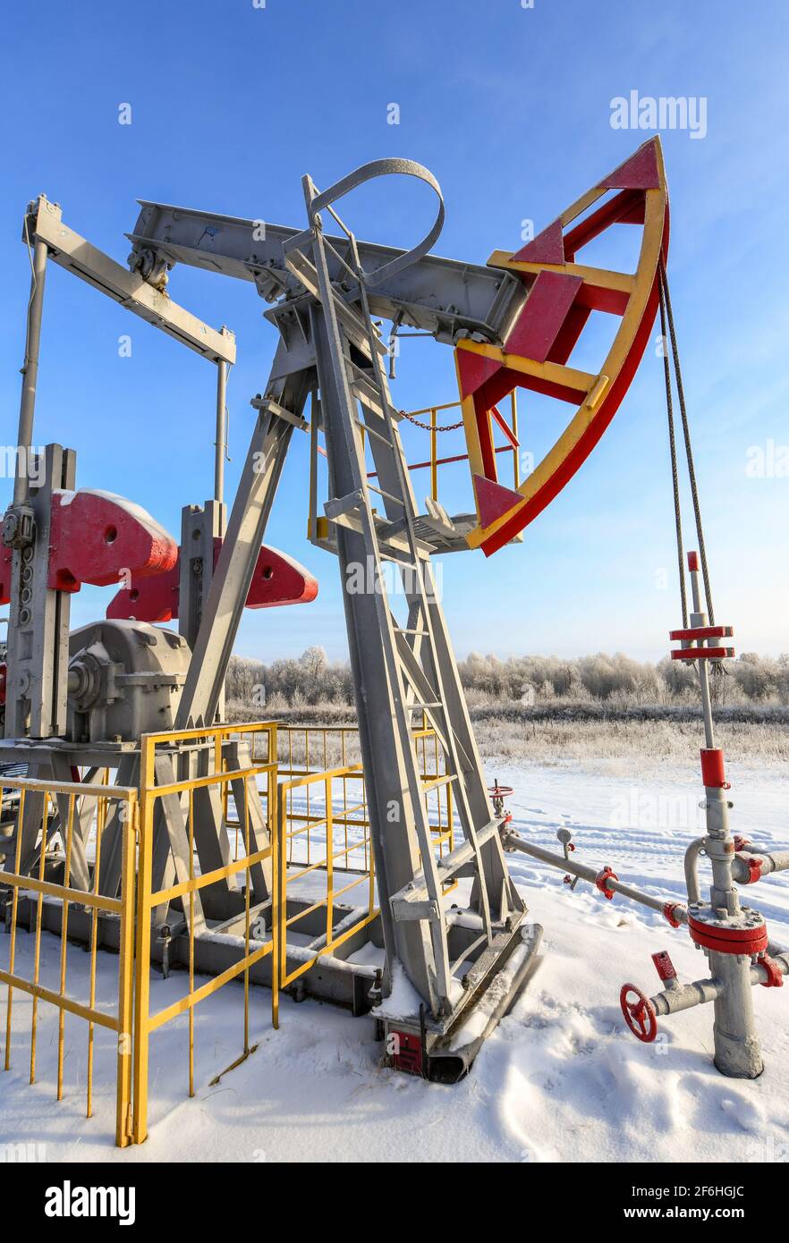 Oil pumpjack winter work is the overground drive for a reciprocating