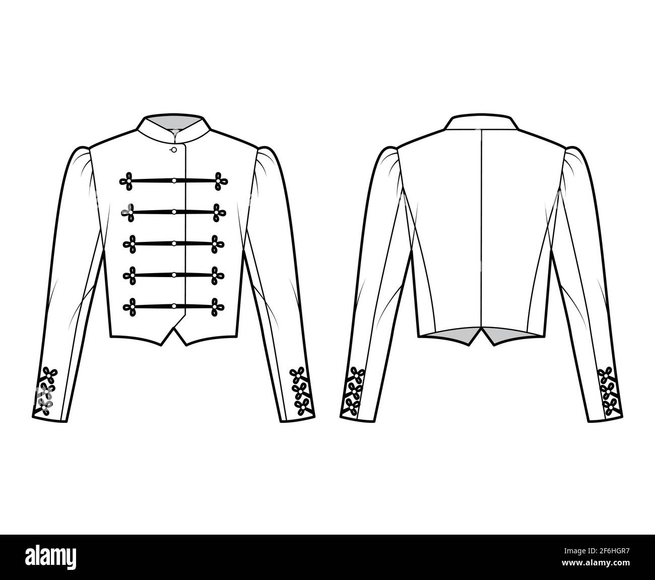 Majorette jacket technical fashion illustration with crop length, long leg  o Mutton sleeves, stand collar, button