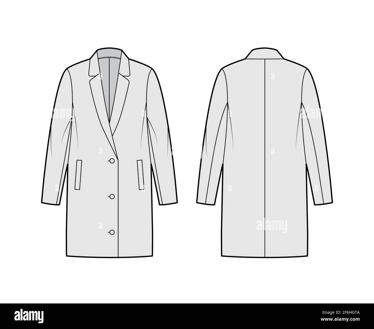 Oversized jacket technical fashion illustration with notched elongated lapel collar, long sleeves, welt pockets. Flat coat template front, back, grey color style. Women, men, unisex top CAD mockup Stock Vector
