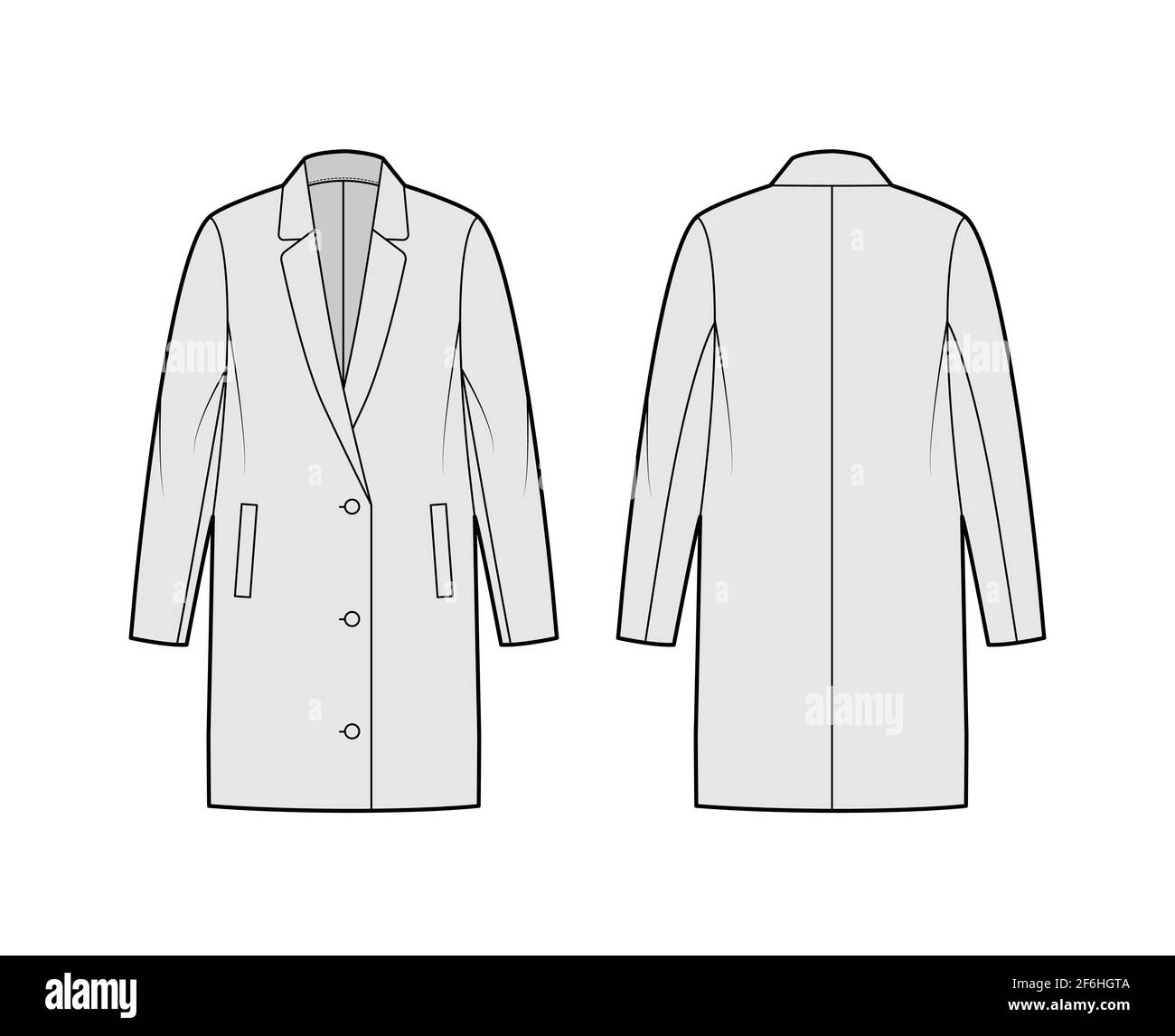 Oversized jacket technical fashion illustration with notched elongated lapel collar, long