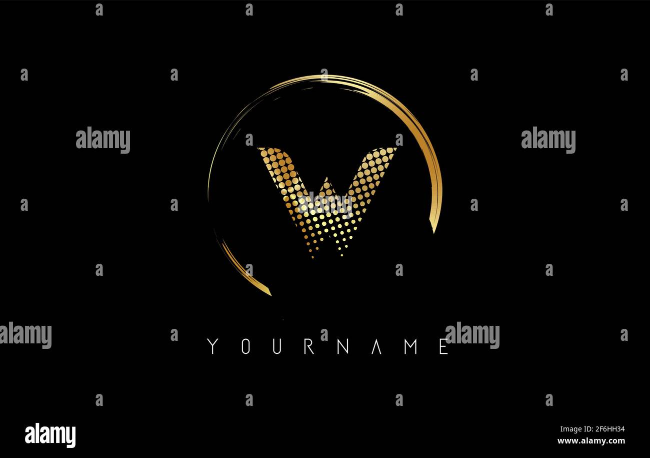 Golden W letter logo design with golden dots and circle frame on black ...