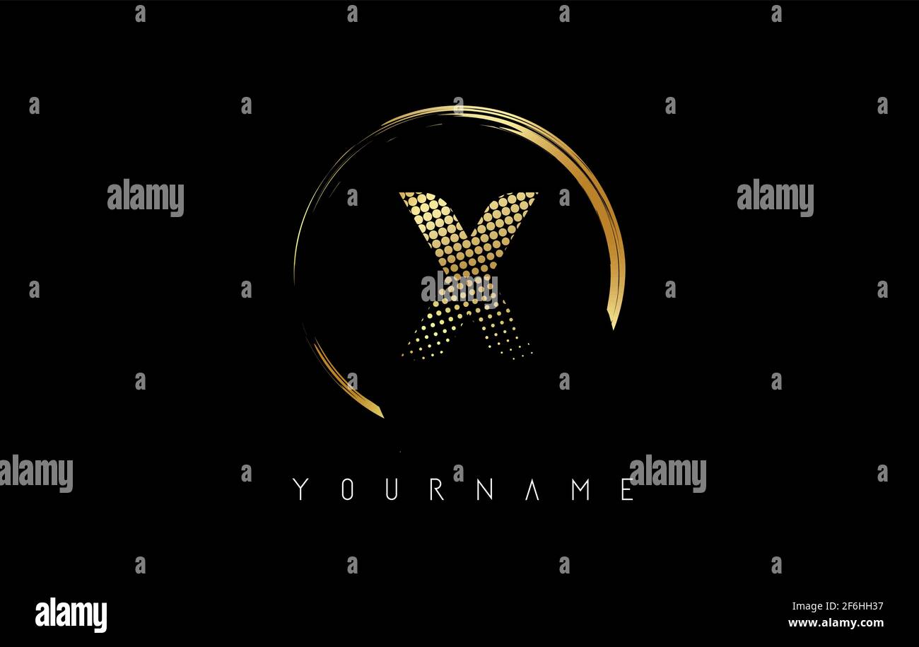 Golden X letter logo design with golden dots and circle frame on black ...