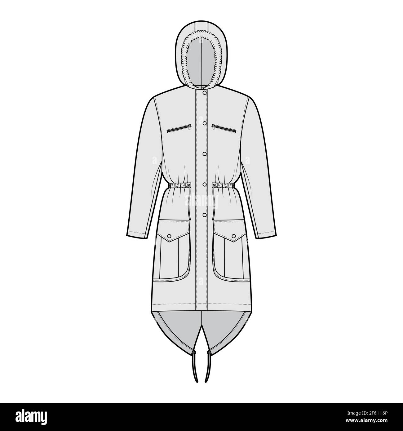 Download Parka Coat Technical Fashion Illustration With Faux Fur Hood Long Sleeves Fitted Body Knee Length Flap