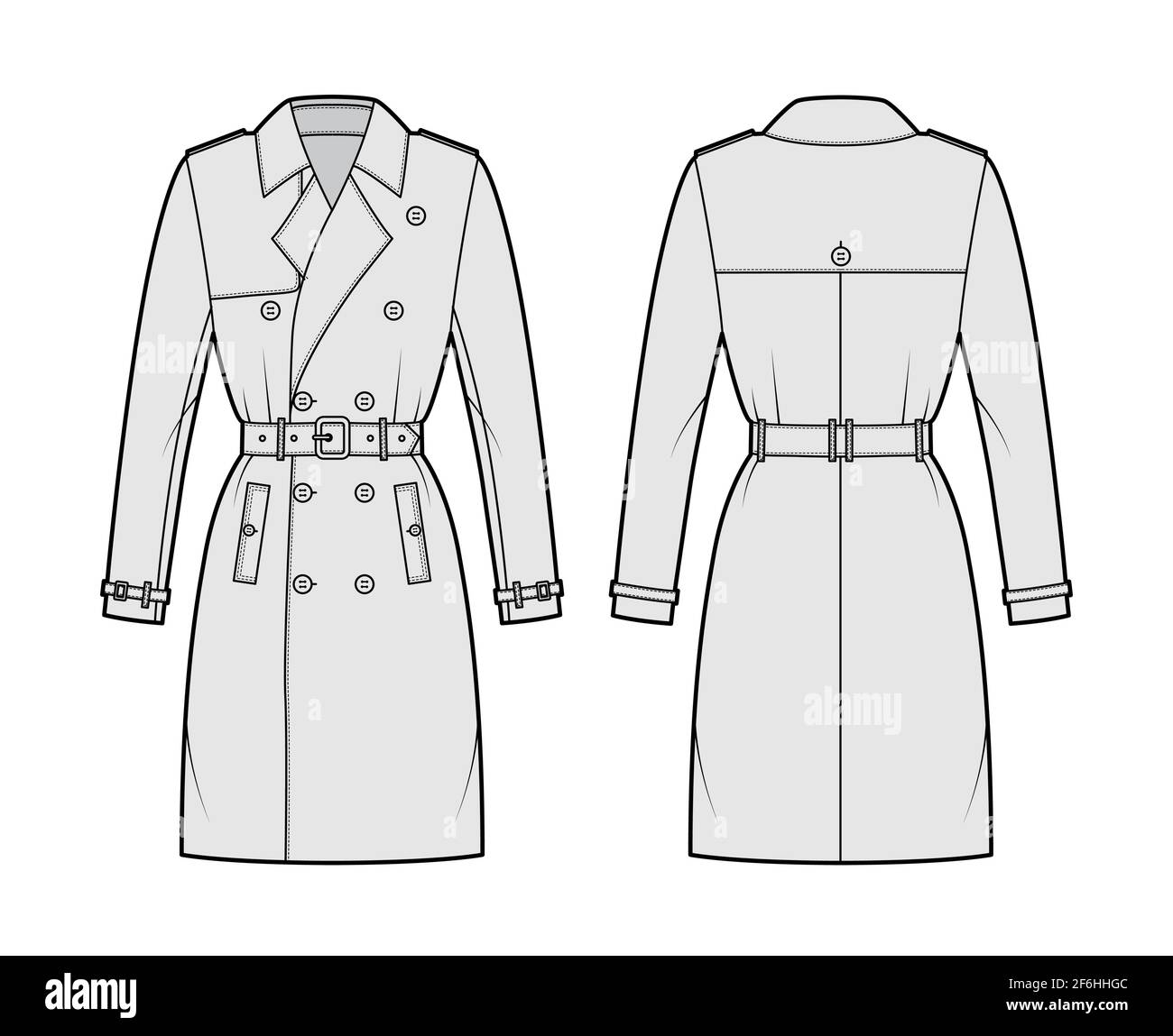 Trench coat technical fashion illustration with belt, double breasted, fitted, wide lapel collar, knee length, storm flap. Flat jacket template front, back, grey color style. Women unisex CAD mockup Stock Vector