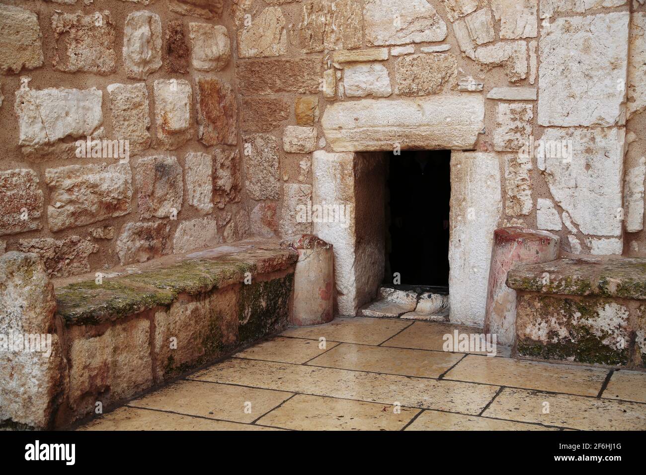 The humility door, entrance to the Basilica of the Nativity in Bethlehem Stock Photo