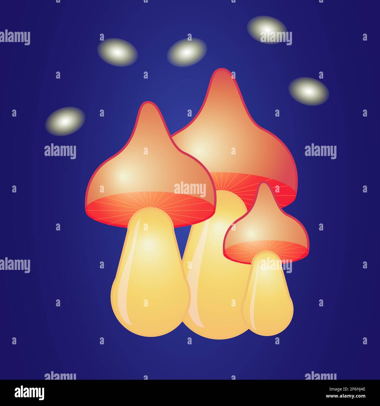 Fantastic glowing orange mushrooms on dark backdrop vector illustration Stock Vector