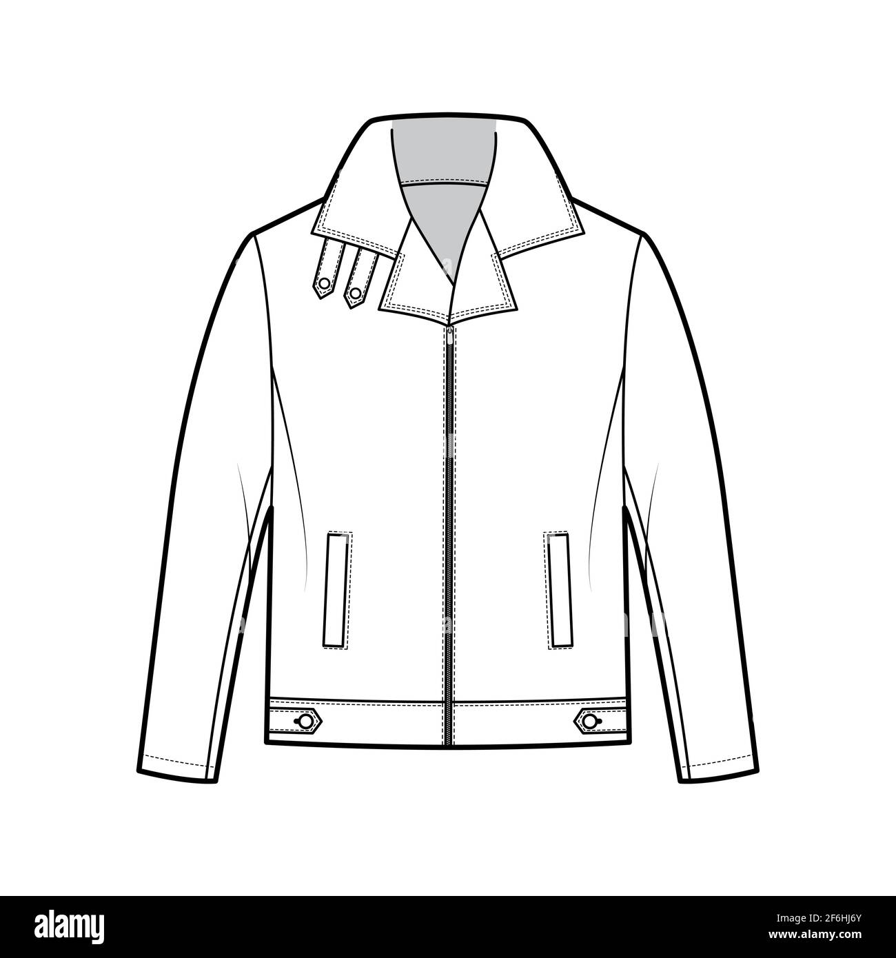 Zip-up Bomber leather jacket technical fashion illustration with tabs, oversized, thick collar, long sleeves, welt pockets. Flat coat template front, white color style. Women men unisex top CAD mockup Stock Vector