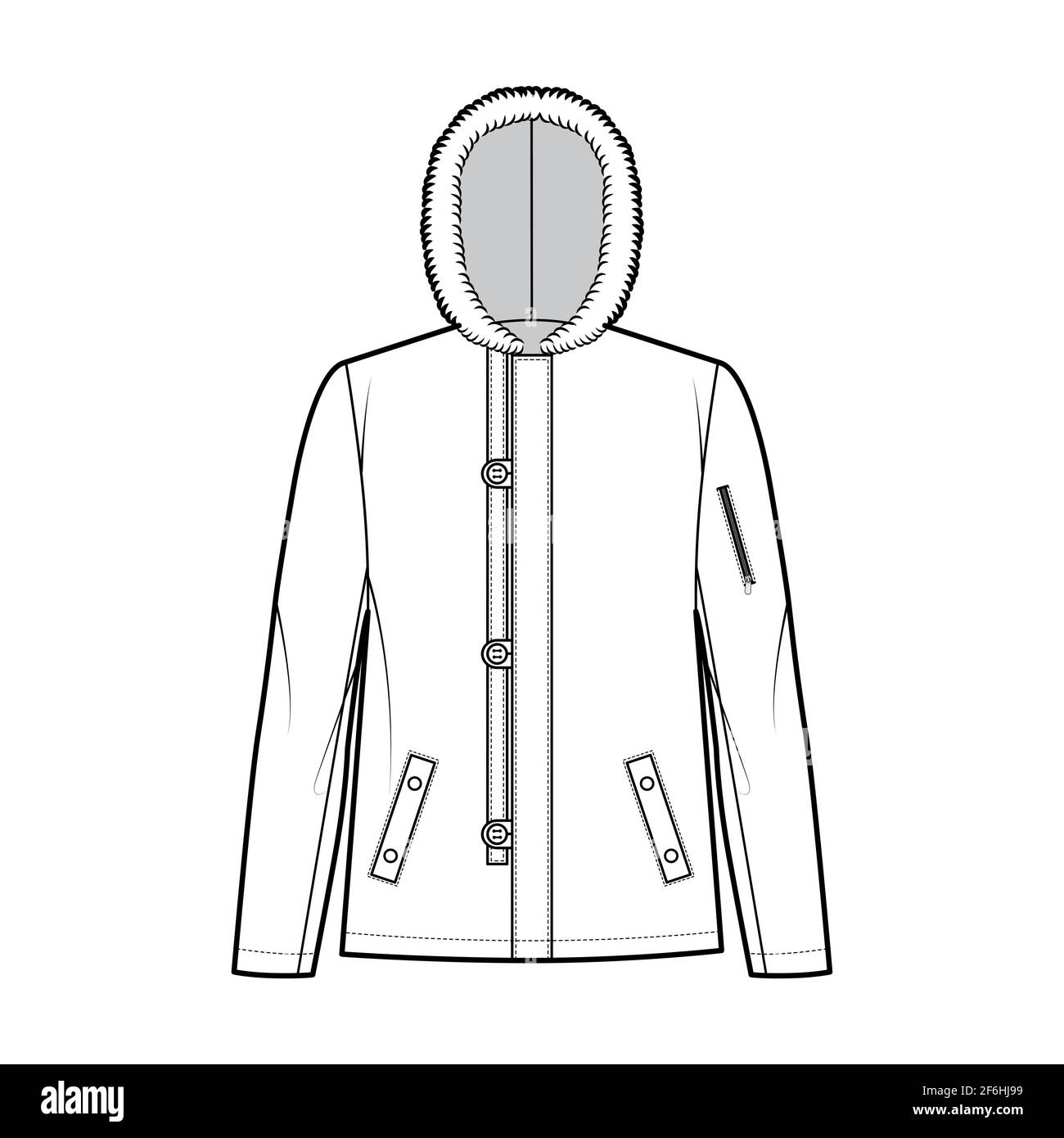 N-2B flight jacket technical fashion illustration with oversized, fur hood, long sleeves, flap pockets, button loop opening. Flat coat template front white color style. Women men unisex top CAD mockup Stock Vector