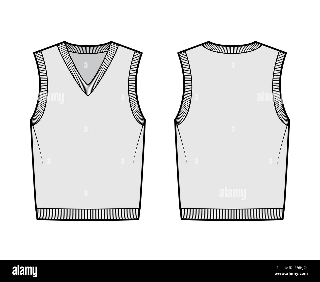 Pullover vest sweater waistcoat technical fashion illustration with sleeveless, rib knit V-neckline, oversized body. Flat template front, back, grey color style. Women, men, unisex top CAD mockup Stock Vector