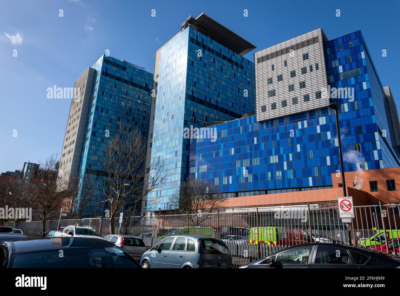 A street view of The Royal London Hospital. A NHS general hospital and part of Barts Health NHS Trust with a Air Ambulance rooftop helipad. Stock Photo